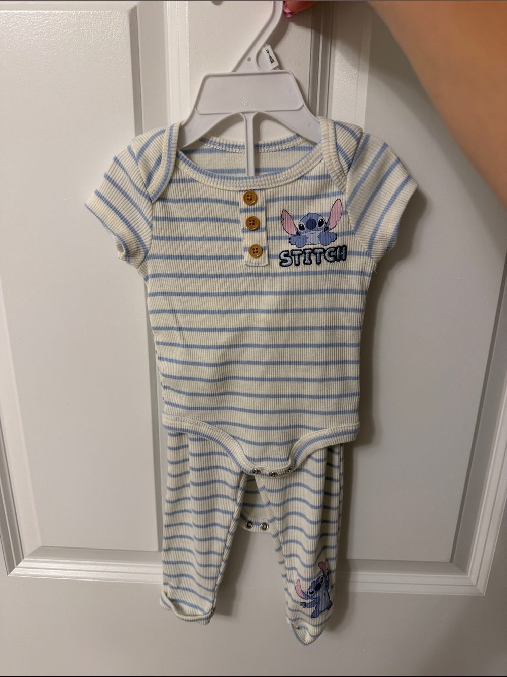 Disney Cream and Light Blue Stripe Stitch Baby Footed One-Piece